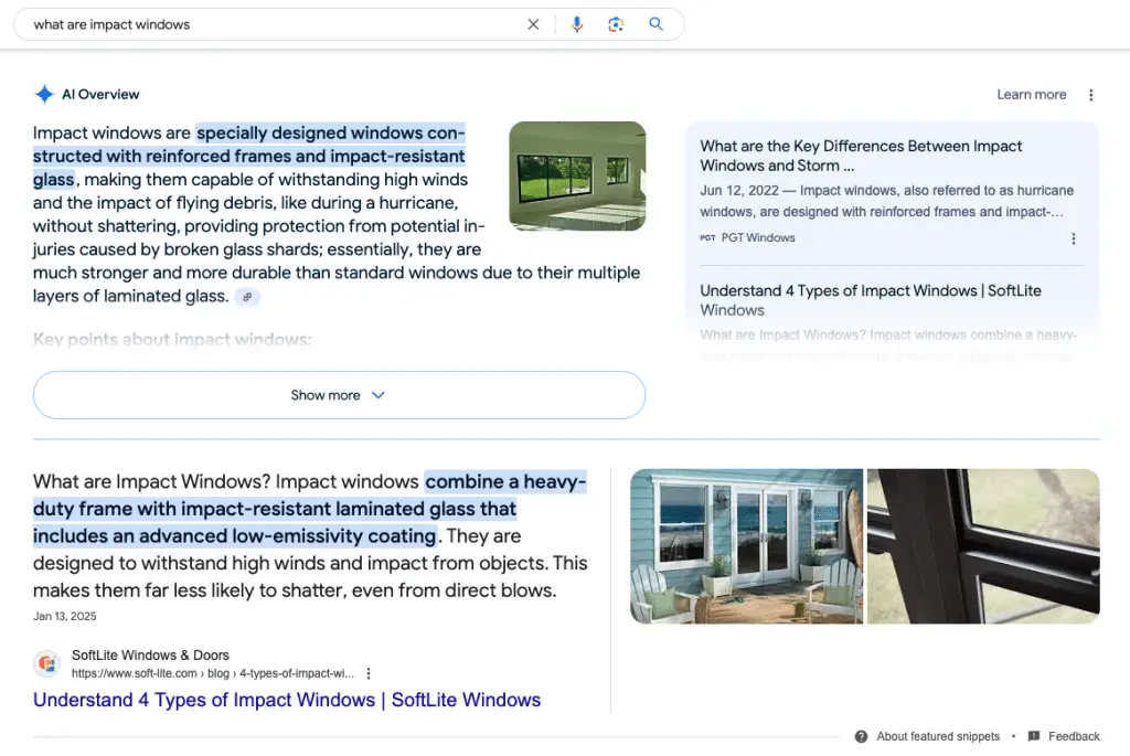 Screenshot of an AI overview above a featured snippet